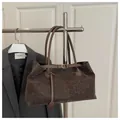 Large vintage leopard print tote bag in dark brown suede with shoulder strap and metal buckle - Coffee