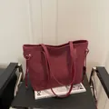 Retro burgundy oversized tote bag in matte suede and smooth leather trim - No Pendant / Burgundy