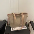 Minimalist beige suede tote bag with drawstring detail and smooth leather handles - No Pendant / Khaki
