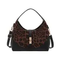 Leopard print faux suede hobo bag with vintage rose pattern and gold twist lock closure - Leopard Coffee
