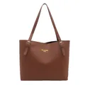Minimalist brown PU leather tote bag with gold buckle straps and stylish logo - Brown