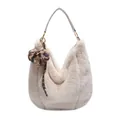 Bolso tote de felpa invernal blanco crema con textura y pompón de leopardo - Con Colgante / Caqui