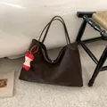 Vintage large capacity dark brown suede tote bag with red apple plush pendant charm - With Pendant / Brown