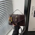 Dark brown faux crocodile leather crossbody bag with vintage V-flap and wooden bead charm - Coffee with Pendant