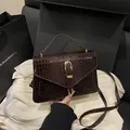 Dark brown faux crocodile leather handbag with golden buckle and adjustable strap - Coffee Without Pendant