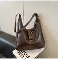Deep brown half-moon hobo bag in faux leather with woven pendant and silver buckle - With Pendant / Coffee