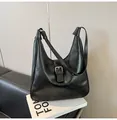 Classic black vintage faux leather tote bag with adjustable shoulder strap and silver buckle - No Pendant / Black