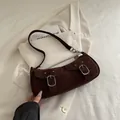 Retro dark coffee frosted suede underarm bag with double front buckle pockets - Brown