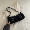 Retro black matte leather underarm bag with dual pockets and silver buckles - Black