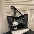 Black tote bag with M monogram print and white plush cloud charm for daily commute - Black With Pendant