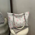 White floral tote bag with pink rose and bow prints featuring silver chain strap - No Pendant / White