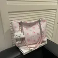 Pink floral tote bag with rose patterns, bow design, and a plush cloud charm detail - With Pendant / Pink
