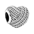 Abalorio de corazón plateado con pavé de piedras brillantes y textura ondeada - Blanco