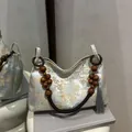 Sac fourre-tout bleu clair de style chinois avec broderie paysage et perles de bois - Bleu