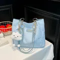 Sac cabas bleu clair avec motif étoile argentée et porte-clés nuage en peluche - Avec Pendentif / Bleu