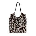 Chic oversized faux fur leopard print tote bag with soft plush texture and woven strap - White