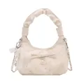 Chic beige pleated crescent bag with pearl accents and lace bow detail for women - Champagne