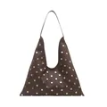 Dark brown triangular tote bag with gold stud rivets and a minimalist aesthetic - Brown