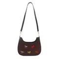 Sac croissant en daim marron avec nœuds brodés colorés et bandoulière noire - Marron