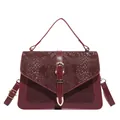 Deep red crossbody bag with snake pattern flap and gold metal buckle for women - Red