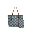 Blue and white jacquard tote bag with leather straps and matching small zipper pouch - Blue