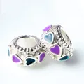 Silver bead charms with colorful enamel hearts and beaded edges for DIY bracelets - Colorful