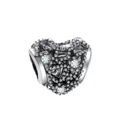 Silver heart charm with beaded texture and clear cubic zirconia stones for DIY bracelets - Heart Beaded Rhinestone (K11-16)