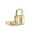 Detail of gold padlock and key pendant with LOVE engraving and white crystal pavé - Pave Rhinestone Striped Padlock And Engraved Key / Gold