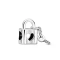 Silver padlock and key charm pendant with heart cutout and textured vertical stripes - Heart Cutout Striped Padlock With Key / Silver