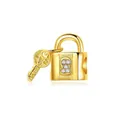 Golden lock and key pendant set with four diamonds and LOVE engraving for necklace - Pave Rhinestone Striped Padlock And Engraved Key / Gold