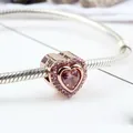 Rose gold heart charm bead with pink crystal stones on a silver snake chain bracelet - Rose Gold Base / Pink Style (02)