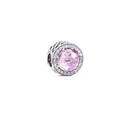 Silver charm bead with faceted pink gemstone and hollow heart patterns on sides - Pink Faceted Gemstone Round Style (6)