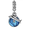 Blue enamel globe and silver airplane charm pendant with cubic zirconia bail - Silver Airplane Blue Earth (26)