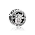 Polished silver floral bead with pink enamel cherry blossoms and sparkling crystals - Pink and White Flower (J4-09)