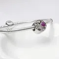 Silbernes Schlangenarmband mit lila Herzanhänger und funkelnden Zirkoniasteinen - Vierblättriges Kleeblatt Perle mit Großem Loch / Lila