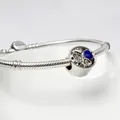Silver snake chain bracelet with a blue heart-shaped crystal charm and sparkling zircon - Four-leaf Clover Big Hole Bead / Sapphire Blue