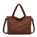 Sac fourre-tout en velours côtelé marron avec broderie et bandoulière réglable - Café