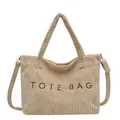 Minimalist beige corduroy tote bag with TOTE BAG embroidery and adjustable shoulder strap - Khaki
