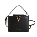 Borsa a secchiello nera minimalista con logo V dorato e tracolla regolabile - Nero