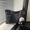 Black floral tote bag with butterfly prints and white plush cloud charm accessory - With Pendant / Black