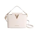 Elegante borsa a secchiello beige con fibbia a V dorata e tracolla regolabile - Bianco