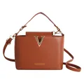 Borsa a secchiello marrone caramello minimalista con logo V dorato e tracolla - Marrone