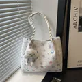 Floral white tote bag with pink butterfly prints and cloud plush charm accessory - With Pendant / White