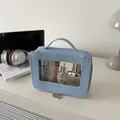 Chic light blue transparent waterproof cosmetic bag with leather texture and top handle - Blue