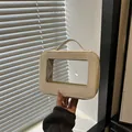 Cream large capacity travel makeup bag with clear window and crossgrain leather texture - Off White