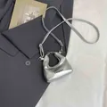Mini silver metallic shoulder bag with black Fashion lettering and sleek chain strap - Letter Print Style / Silver