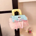 Rosa und blaue gesteppte Kosmetiktasche mit gelbem Lucky-Griff und Welpen-Stickerei - Rosa