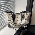 Chic off-white graffiti tote bag with black cartoon prints and fluffy cloud pendant - With Cloud Pendant / Black