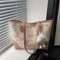 Pink graffiti print tote bag in cream white with cute cloud plush charm - With Cloud Pendant / Pink