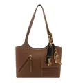 Brown faux leather bucket tote bag with white stitching and silk scarf accessory - Tan